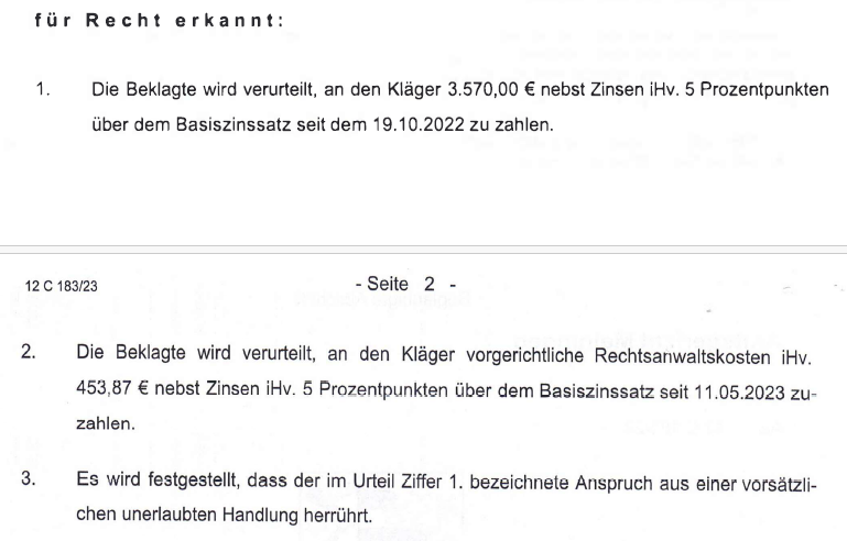 Versäumnisurteil AG Meiningen vom 26052023 Auszug